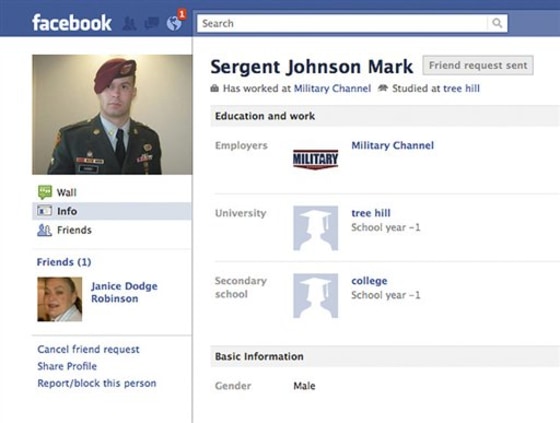 This screenshot shows a Facebook page set up by a person impersonating Army Sgt. James Hursey and showing Facebook friend Janice Robinson. Hursey, 26, discharged and sent home from war in Iraq to nurse a back injury, found a page with his photos on Facebook — on a profile that wasn't his. It was fake, set up by someone claiming to be an active-duty soldier looking for love. The fake's cover was blown by Robinson after she had begun talking to him thinking he was one of several people named Mark Johnson that she knew.